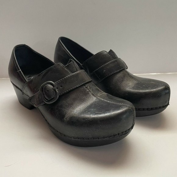 Dansko Tamara Women 37 US 7 8 Black Leather Comfort Clogs Buckle Nurse Classic - Picture 1 of 12